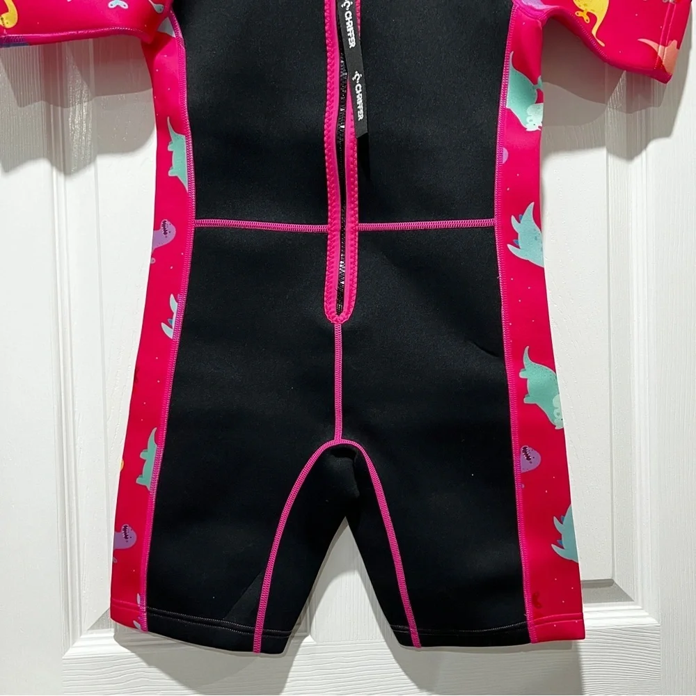Chriffer Kids Wetsuit Size Medium Pink/Black Dino Print Details Short Sleeve